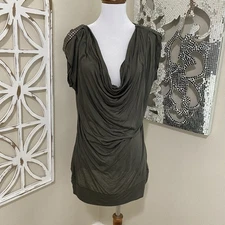 Y2K CHARLOTTE RUSSE medium ARMY GREEN STUD SHOULDER COWL NECK TOP