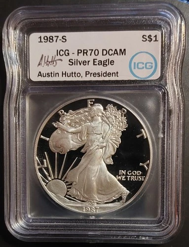 ✰ 1987-S 1 Oz PROOF American SILVER Eagle ICG PF70 DCAM Hutto Signed Label ASE ✰
