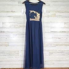 Navy Blue Formal Maxi Dress Gold Embellished Tulle Evening Formal Gown Size S