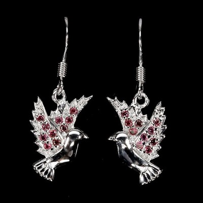 925 Sterling Silver Earrings Round Rhodolite Garnet Bird Gemstone Jewelry