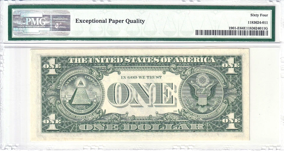1963-A $1 FRN PMG Choice Unc 64EPQ Fancy TRUE 0/1 BINARY Serial #E00001100F - Image 2 of 2