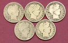 Barber Half Dollar Lot of 5 Coins 1900 S, 1903 O, 1906, 1908 D, 1912 D