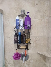 HANGING OVER SHOWERHEAD SHOWER CADDY, BLACK METAL, 2 SHELVES, 2 HOOKS, SOAP DISH