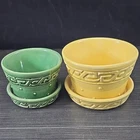 Pair Mccoy Yellow & Green Greek Key & Hobnail Pot And Saucer Planter USA