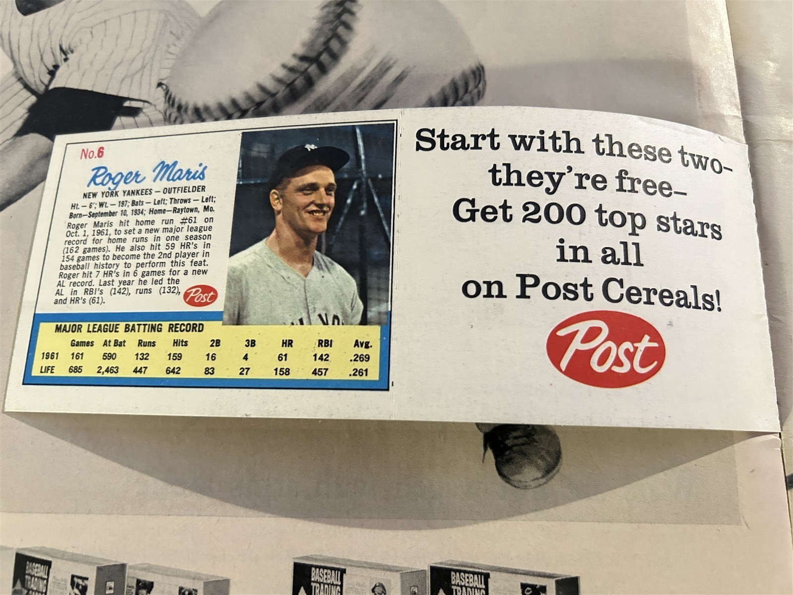 1962 LIFE Magazine MICKEY MANTLE Roger MARIS Post Cereal Cards NRMT Attached LIZ
