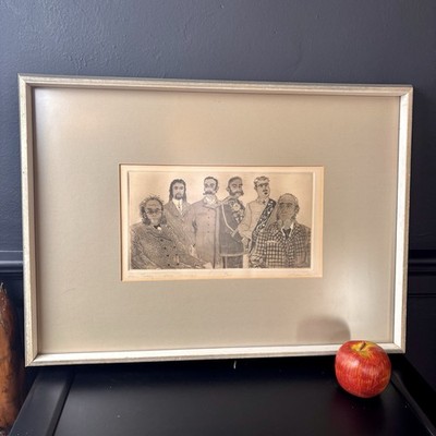 Vtg Mod Satirical Victorian Dandies S/N Etching Framed B&W Line Art Mid Century