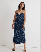 Madewell NWT Layton Midi Slip Dress in "Linear Bloom" Print - Navy Blue, Size 0