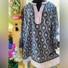 Talbots Woman Navy & Lavender Print 3/4 Sleeve Pullover 100% Cotton Tunic Top