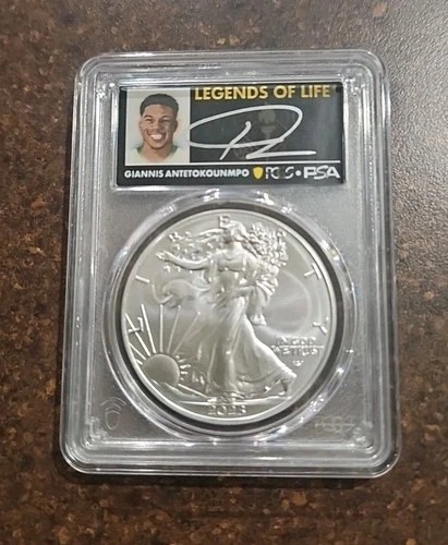 SILVER EAGLE $1 PCGS PSA MS70 LEGENDS OF LIFE GIANNIS ANTETOKOUNMPO AUTO SIGNED