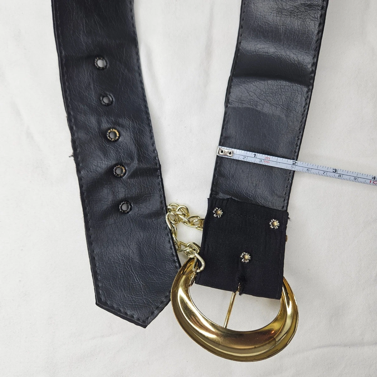 Vtg Black Cloth Wide Cinch Belt Gold Crescent Buckle Chain Detail Retro 30"