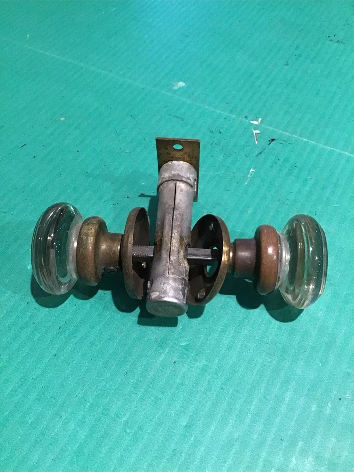 Vtg Antique Smooth Glass Beveled Edge Door Knobs w/ Rosette Brass Collar Latch A - Image 4 of 4