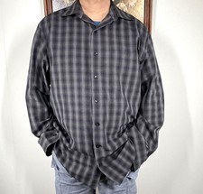 Van Heusen Button Up Shirt Top Men's LT 16 - 17.5 Black Gray Plaid Long Sleeve
