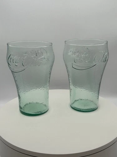 Set of 2 Vintage, 32oz Large Coca Cola Green Pebbled Glass Tumblers