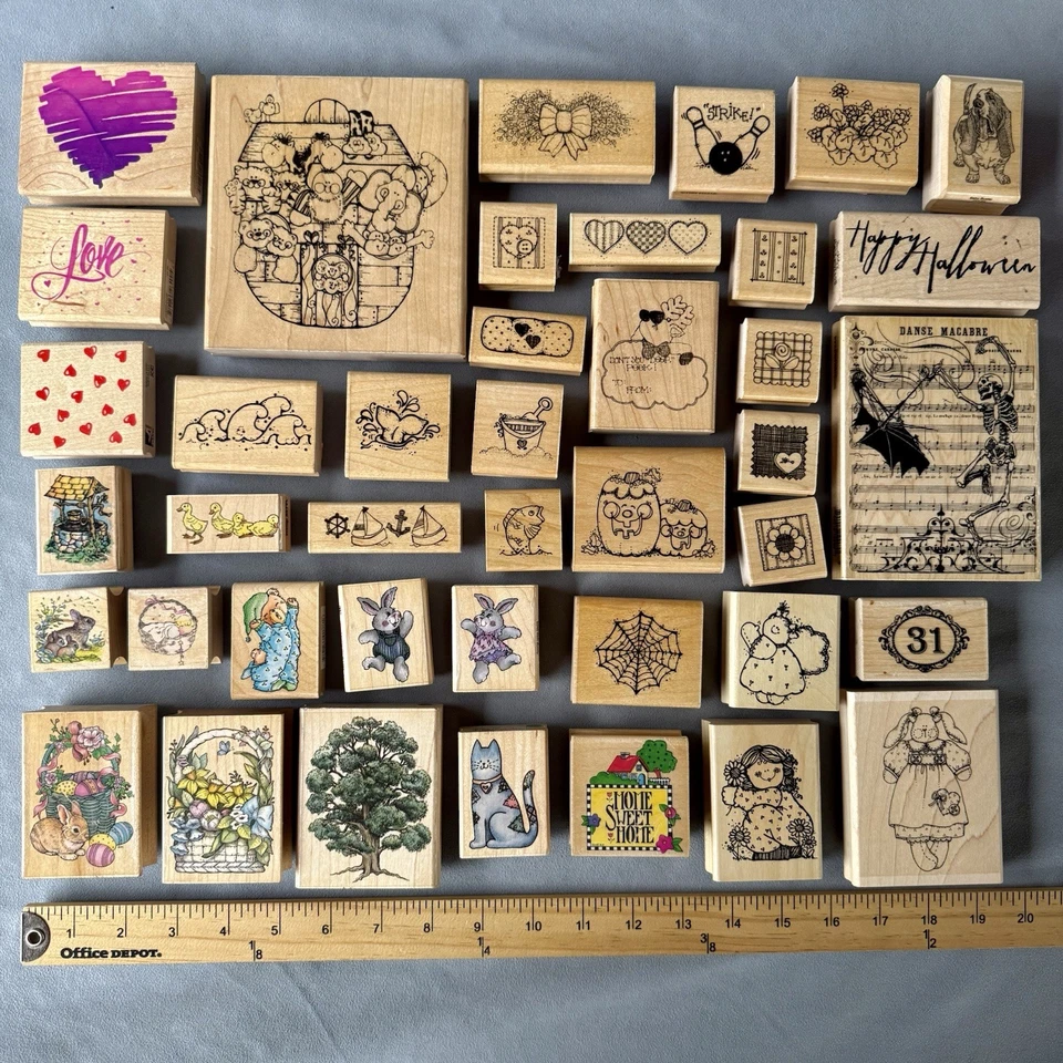 Лот из 42 винтажных деревянных резиновых штампов 1989 года уютные кролики праздничная любовь животные - Изображение 2 из 4