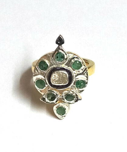 Emerald Gemstone Ring 925 Sterling Silver Natural Polki Diamond Designer Ring - Imagen 1 de 9
