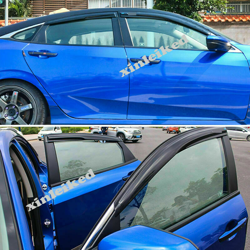Window Visors Rain Guards For 2012-2016 Honda Civic Sedan 4DR - 4PCS Smoke Tape-On Deflectors, No Drill Installation Smoke Tint Deflectors