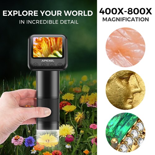 APEXEL 800X Handheld DigitalMicroscope 2”LCD Screen Adjustable Light+SD Card USB - Picture 7 of 16