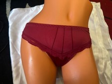 French Cut High Cut Satin Bikini Brief Panties Lace Trim Dark Burgundy Red Sz XL