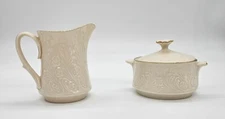 Lenox Country Flowers Creamer w Lidded Sugar Bowl Palm Fronds Flowers Vintage