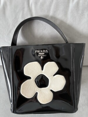 Prada Spazzolato  Black and White Patent Leather Flower Purse
