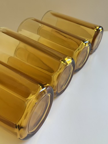 Vtg Amber Glasses Set 8 Paneled Optic 10 Ounce MCM Cocktail Barware 5” - Picture 4 of 12