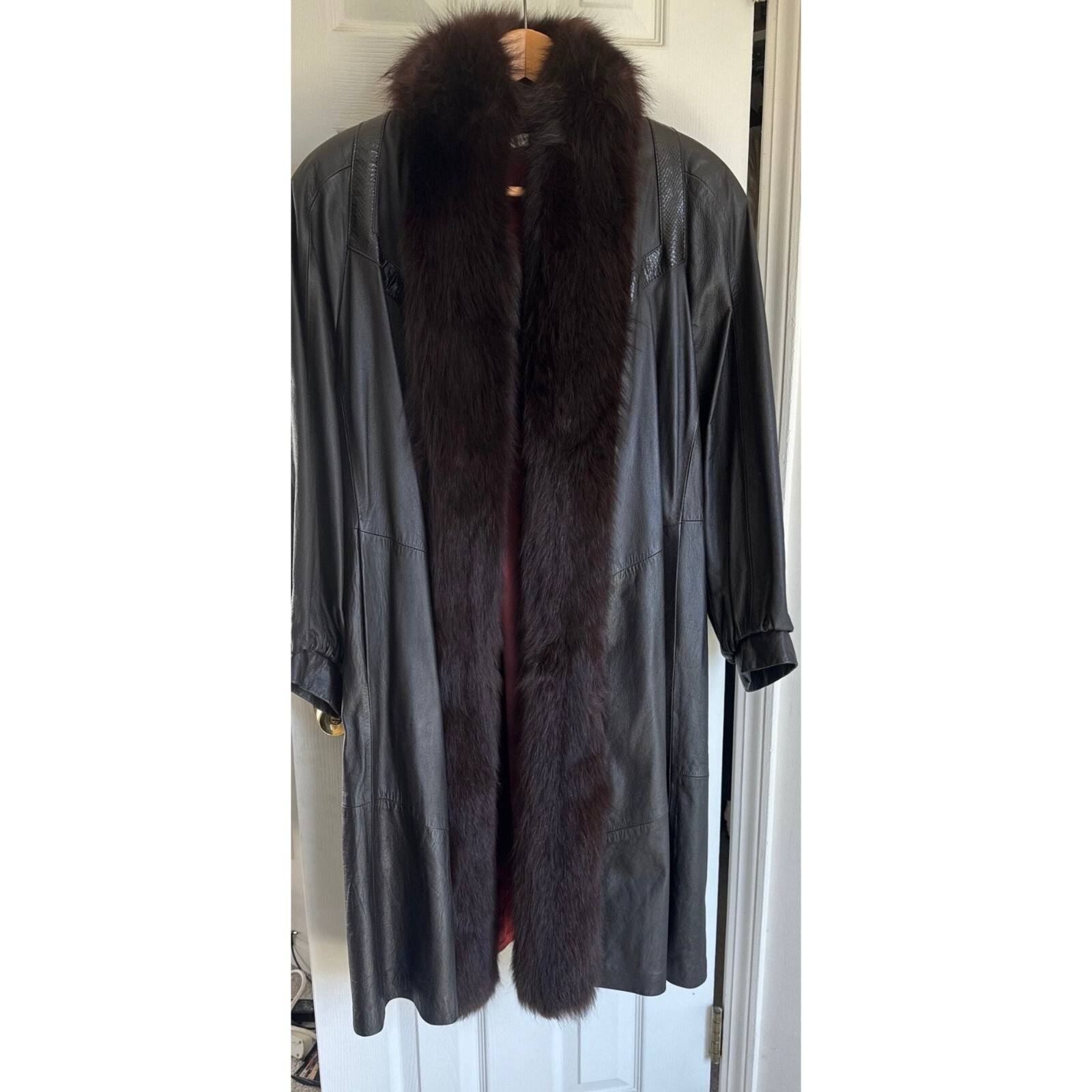 Leather Maxi Coat Chocolate Brown Genuine Fox Collar Size Large Fully Lined Vtg