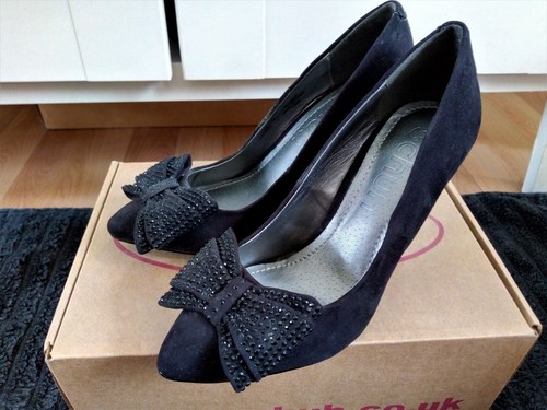 SCHUH BLACK Court Faux Suede Bow Diamante EVENING Stiletto Party Evening UK 3 - Picture 5 of 8