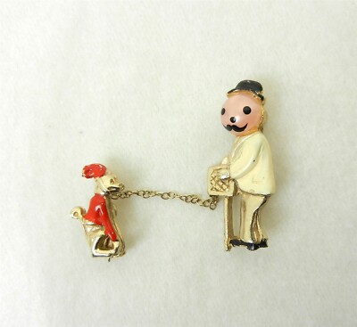 Vtg Organ Grinder & Monkey Dog? Brooch Painted Metal 2-Piece Gold Tone ~EC~ S30H