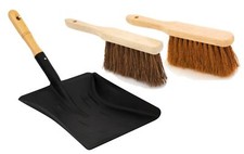 Metal Coal Shovel and Hand Brush Set Wooden Fireside Dust Pan Soft Stiff Brushes