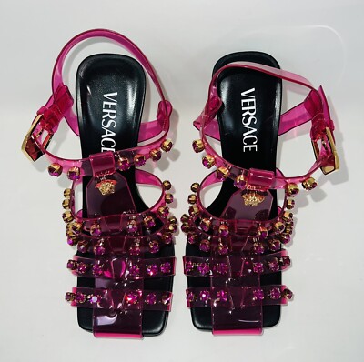 Versace Pink Crystal Embellished Caged Jelly Slanted-Heel  display picture 3
