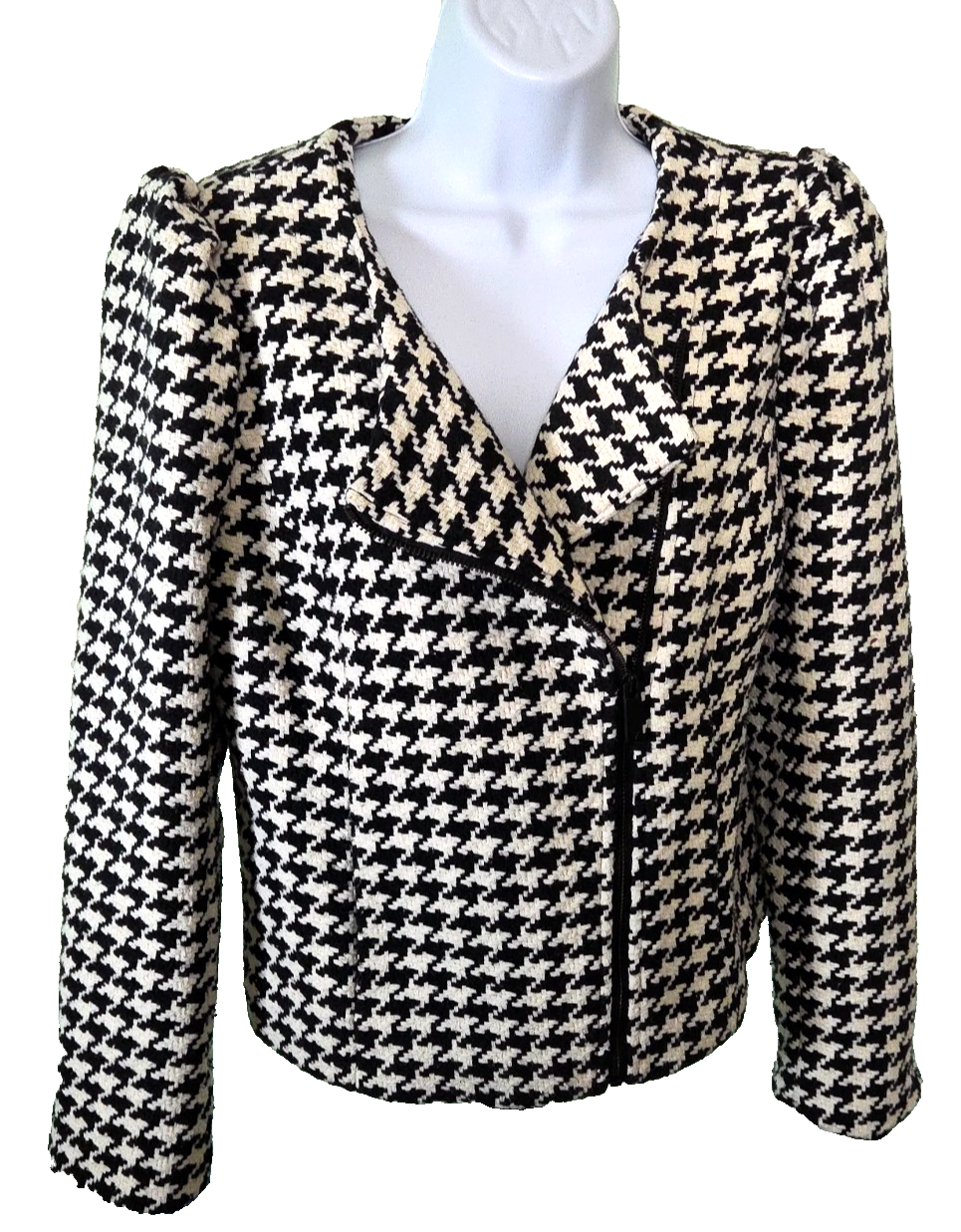Vince Camuto Houndstooth Lined Jacket Asymmetrical Zipper Wool Blend Size Med