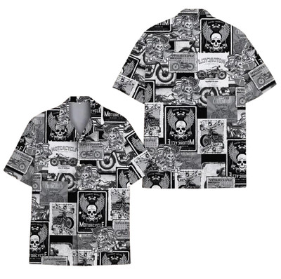 Biker Hawaiian Shirt Men Women, Black White Motorcycle Skull Wings Aloha Shirt