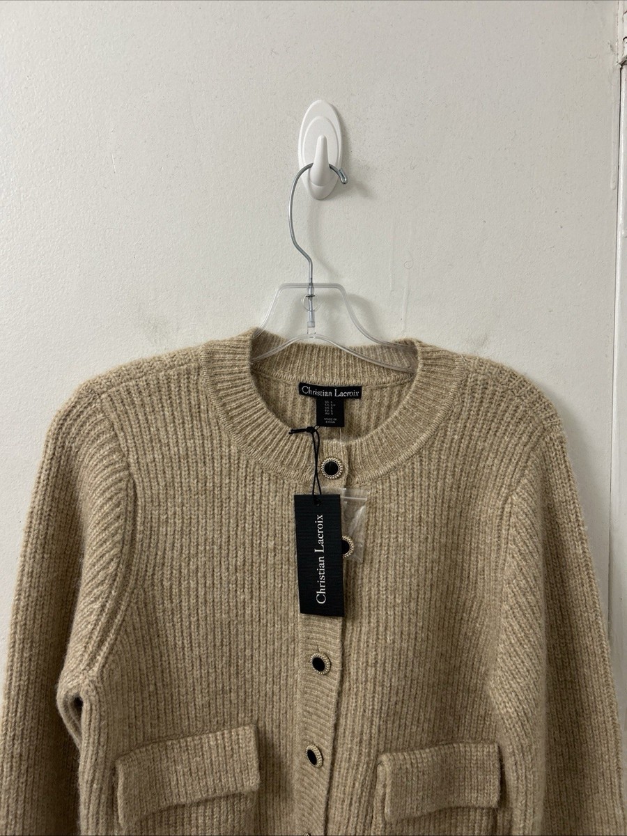 Christian Lacroix Cardigan Sweater Womens Small Tan Wool Ribbed