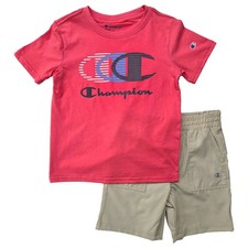 Boys Pink Tan Champion T-Shirt Elastic Waist Shorts Outfit Set Size 5