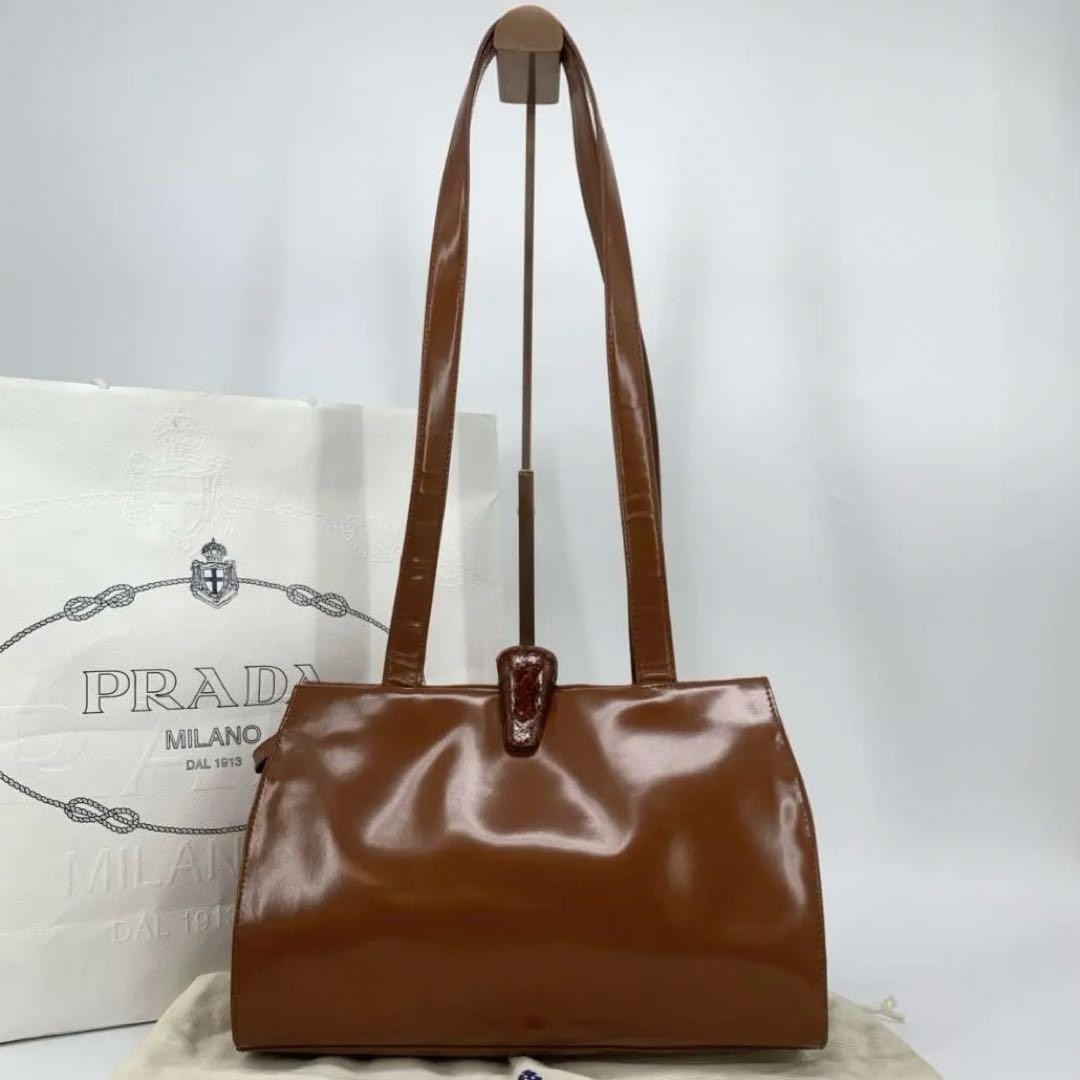 Prada Brown Patent Leather Enamel Python Logo Sho… - image 2