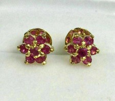 2Ct Round Cut Lab Created Red Ruby Flower Cluster Stud Earrings 14K Gold Plated