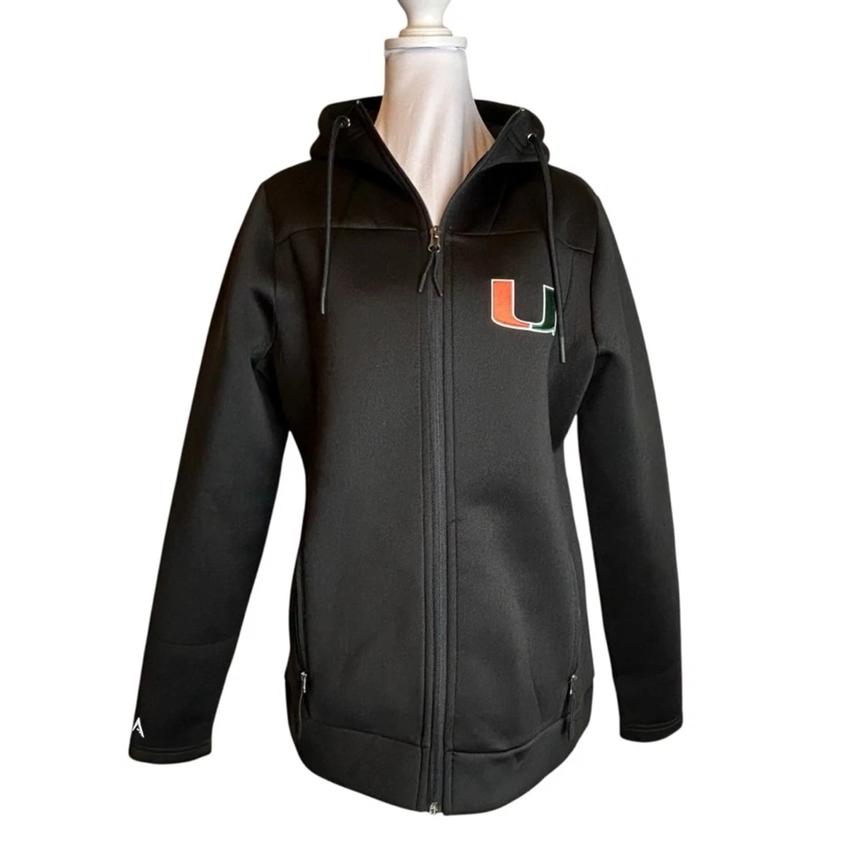 Chaqueta con capucha U of Miami Hurricanes para mujer talla L tela de buceo de spandex negra Foto 2 de 4
