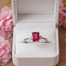 Emerald Cut Lab Red Ruby Ring 925 Sterling Silver Three Stone Engagement Ring