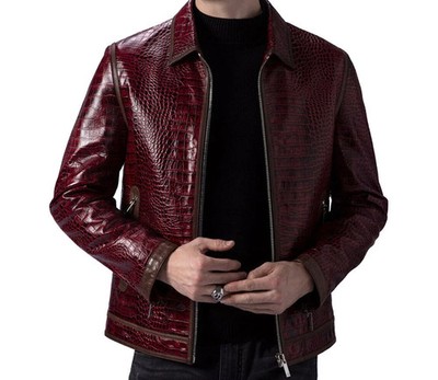 Mens Burgundy Leather Jacket with Exotic Embossed Pattern Motorcyle/biker Jacket