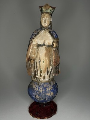 Antique Spanish Colonial Hand Carved Santo Figure, Polychrome Wood, Velvet Base