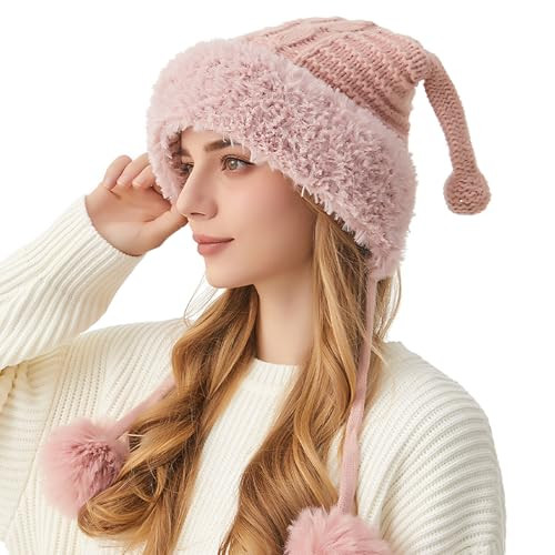 Winter Beanie Hat for Women Warm Fleece Lined Pom Knit Earflap Hats Cute Pink