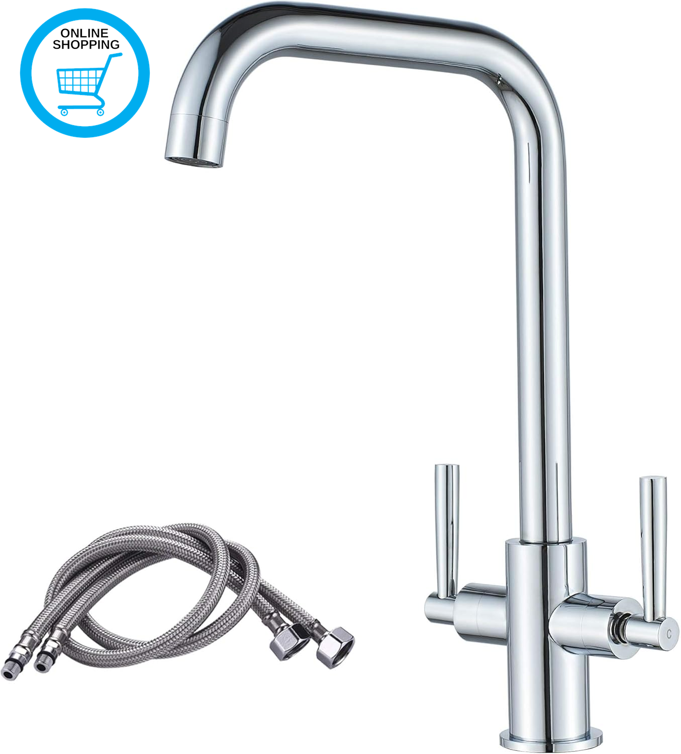 Kitchen Mixer Taps,Monobloc Dual Lever Chrome Brass Kitchen Sink Tap Faucet