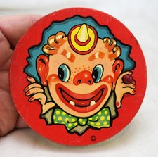 Vintage T. Cohn Tin Litho Ratched Wood Handle Clown Head Noisemaker