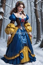 Sparkling Blue Gold Victorian Prom Dress Bubble Sleeves Corset Strappy Back Gown