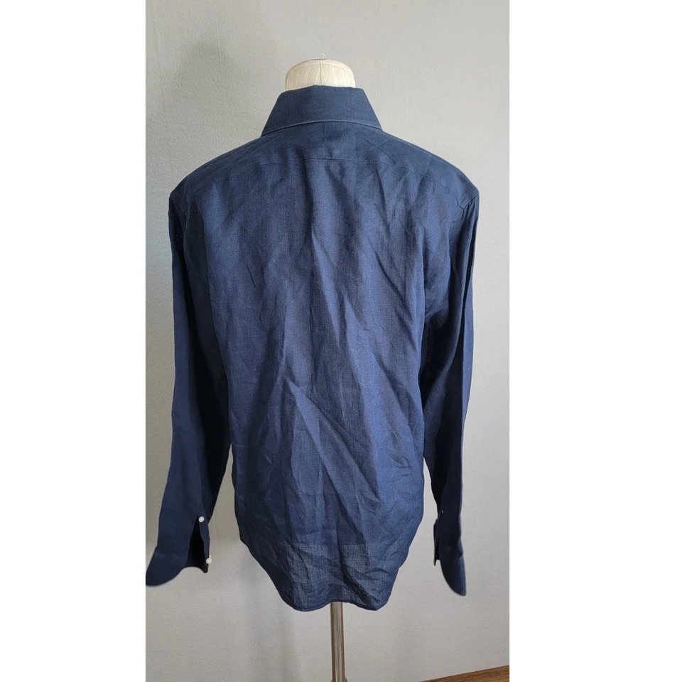 Camisa de vestir ajustada SUITSUPPLY para hombre azul marino de lino puro talla 15 38 Foto 3 de 4