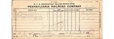 PRR M.C.B. Billing Repair Card 1913 Cornwall & Lebanon Car 592 Steelton Shops