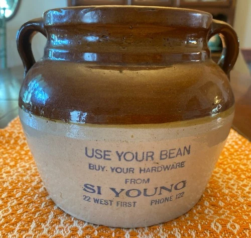 Si Young Hardware Red Wing Stoneware Advertising Bean Pot Antique