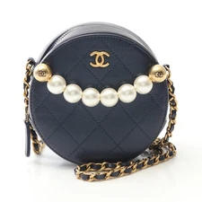 CHANEL Matelassé Round Mini Chain Shoulder Bag Lambskin Navy Gold #RC1193