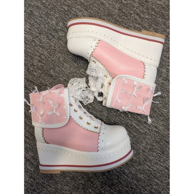 HILIB Girls Lolita Cosplay Pink & White Lace Wedge Shoes Size 12.5