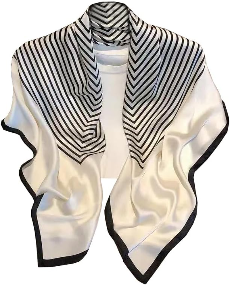 Luxury Silk Square Scarf Black and White Striped Pattern Classic Geometric De...